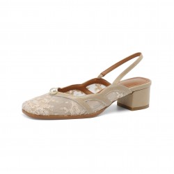Women's Handmade Elegant Lace Slingback Block Heel Sandals