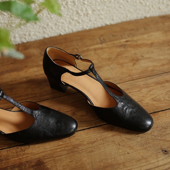Pointy Toe Block Heels Leather T-Strap Mary Jane Shoes Pointy Toe Block Heels Leather T-Strap Mary Jane Shoes