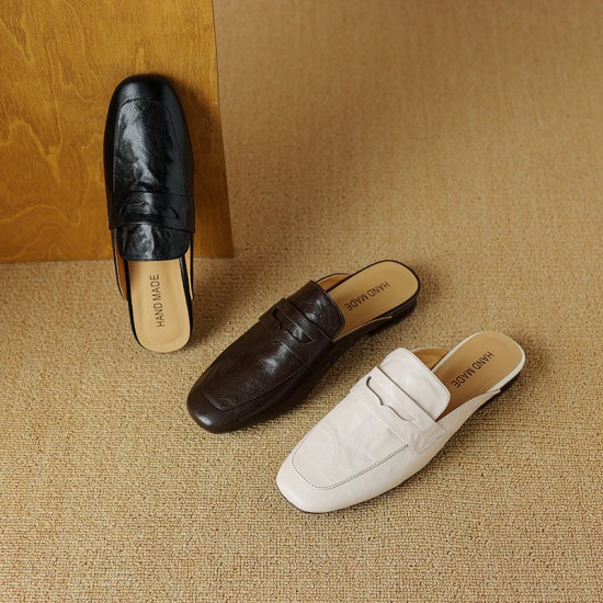 Womens Handmade Vintage Preppy Style Comfort Flat Mule Shoes Womens Handmade Vintage Preppy Style Comfort Flat Mule Shoes