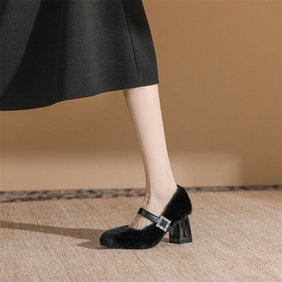 Plush Rhinestone Buckle Women's Chunky High Heels Plush Rhinestone Buckle Women's Chunky High Heels