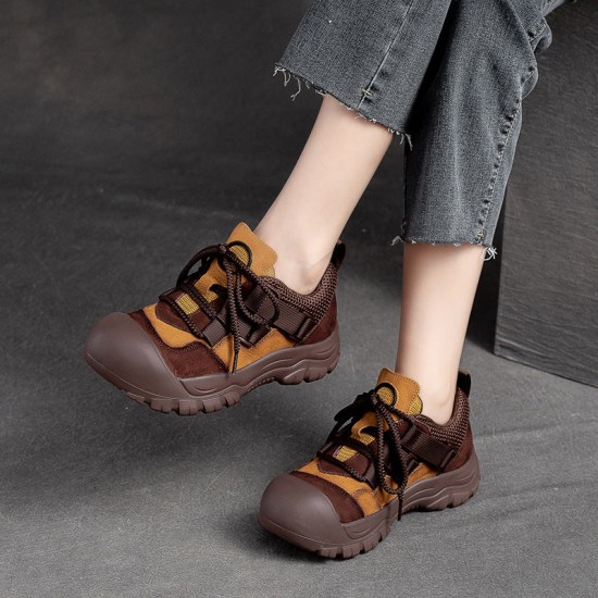 Women's Leather Colorblocking Big Head Lace Up Platform Casual Shoes Women's Leather Colorblocking Big Head Lace Up Platform Casual Shoes
