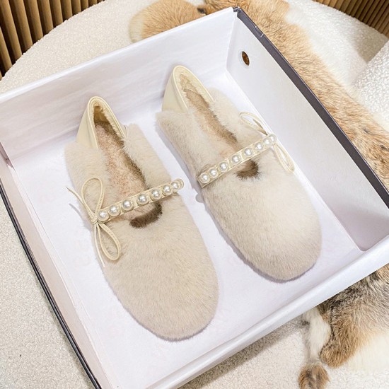 Faux-Fur Loafers Pearl Decoration Mary Jane Bowknot Women's Shoes for Winter Faux-Fur Loafers Pearl Decoration Mary Jane Bowknot Women's Shoes for Winter