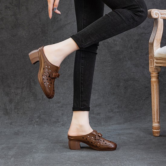 Women's Leather Bowknot Hollow Out Mid Heel Block Mule Shoes Women's Leather Bowknot Hollow Out Mid Heel Block Mule Shoes