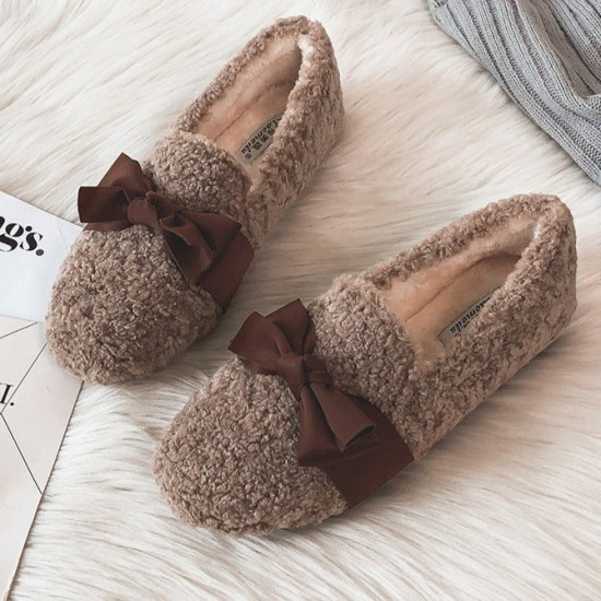 Women Faux-Fur Loafers Bow Winter Warm & Soft Plush Shoes Women Faux-Fur Loafers Bow Winter Warm & Soft Plush Shoes