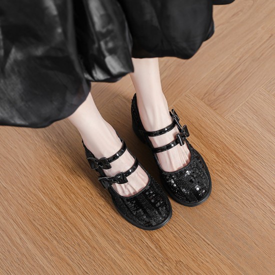Cute Sequins Square Heel Bow Embellished Mary Jane Women's Shoes Cute Sequins Square Heel Bow Embellished Mary Jane Women's Shoes