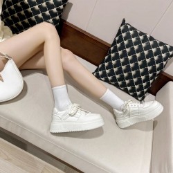 Women's Leather Thick Sole White Lace Up Casual Tennis Shoes
