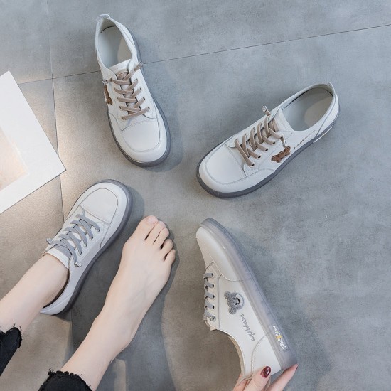 Womens Cute Bear Lace-up Leather Sneakers Womens Cute Bear Lace-up Leather Sneakers