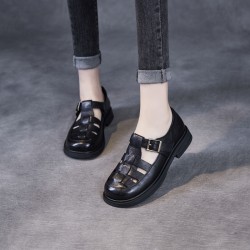 Women's Genuine Leather Woven Flat Roman Sandals