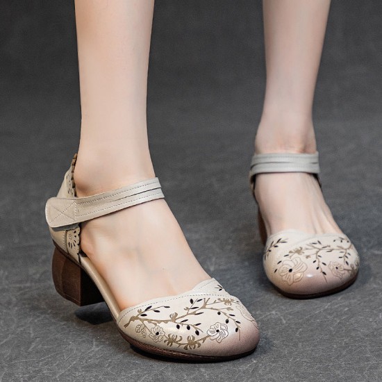 Women's Head Cowhide Chunky Heel Retro Hollow Out Printed Sandals Women's Head Cowhide Chunky Heel Retro Hollow Out Printed Sandals