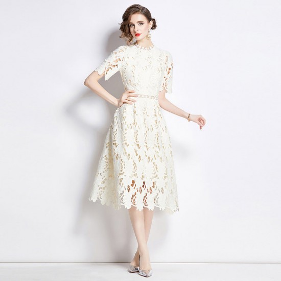 Short Sleeve Round Neck Slimming Mid Length A-line Hollow Lace Dress Short Sleeve Round Neck Slimming Mid Length A-line Hollow Lace Dress