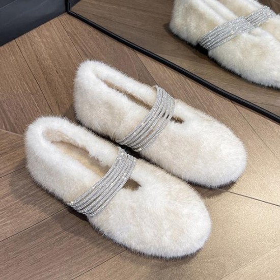 Soft Rabbit Fur Winter Rhinestone Buckle Flat Shoes Soft Rabbit Fur Winter Rhinestone Buckle Flat Shoes
