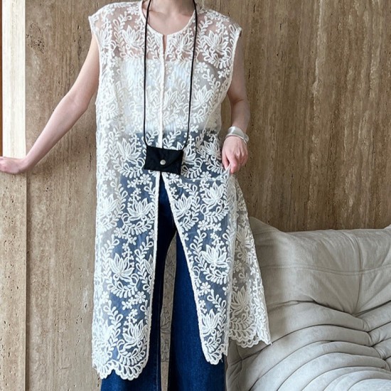 Embroidered Jacquard Cutout Mid-length Sleeveless Dress Embroidered Jacquard Cutout Mid-length Sleeveless Dress