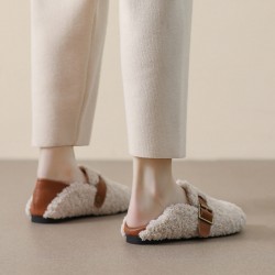 Women Faux-Fur Loafers Warm Winter Fleece Flat Metal Buckles Casual Shoes