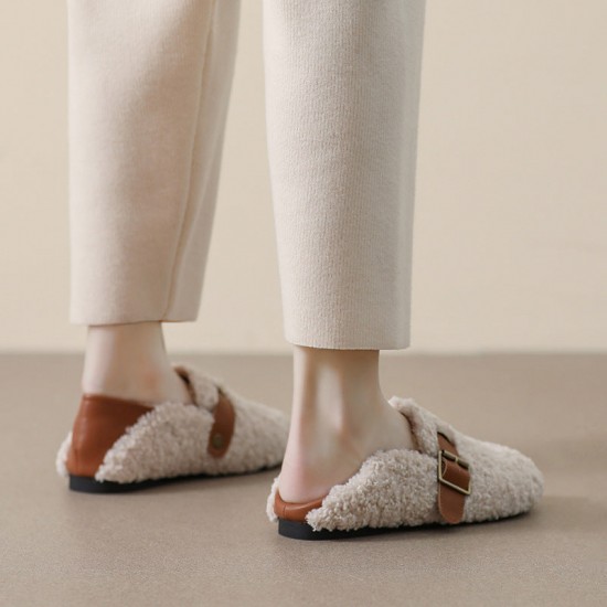 Women Faux-Fur Loafers Warm Winter Fleece Flat Metal Buckles Casual Shoes Women Faux-Fur Loafers Warm Winter Fleece Flat Metal Buckles Casual Shoes