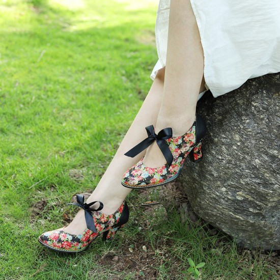 Handmade Bow Flower Vintage Cone Heel Women's Shoes Handmade Bow Flower Vintage Cone Heel Women's Shoes