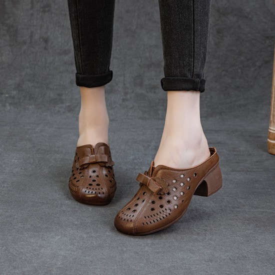 Women's Leather Bowknot Hollow Out Mid Heel Block Mule Shoes Women's Leather Bowknot Hollow Out Mid Heel Block Mule Shoes
