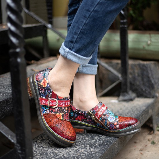 Leather Colorful Flower Patchwork Flat Vintage Boho Brogues Women's Shoes Leather Colorful Flower Patchwork Flat Vintage Boho Brogues Women's Shoes