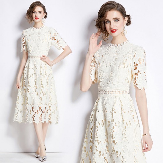 Short Sleeve Round Neck Slimming Mid Length A-line Hollow Lace Dress Short Sleeve Round Neck Slimming Mid Length A-line Hollow Lace Dress