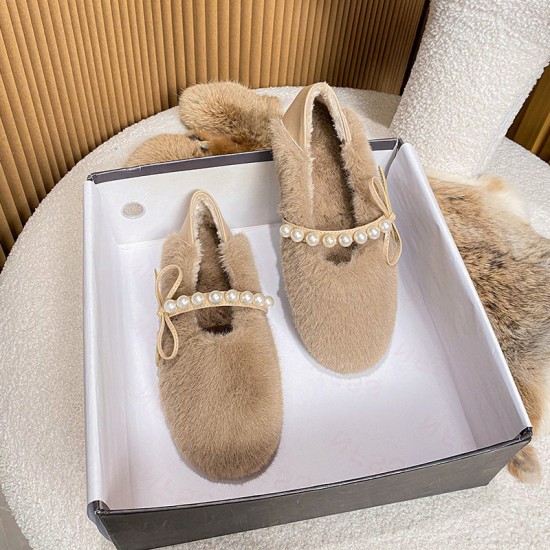 Faux-Fur Loafers Pearl Decoration Mary Jane Bowknot Women's Shoes for Winter Faux-Fur Loafers Pearl Decoration Mary Jane Bowknot Women's Shoes for Winter