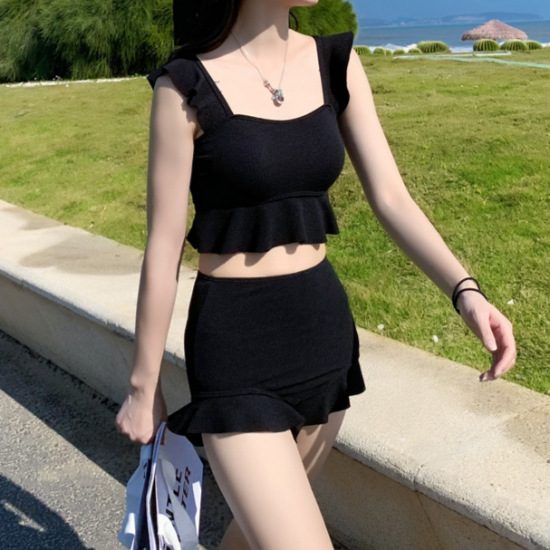 Swimwear Ruffles Solid Backless Korean Style Students High Waist Swimsuit Swimwear Ruffles Solid Backless Korean Style Students High Waist Swimsuit