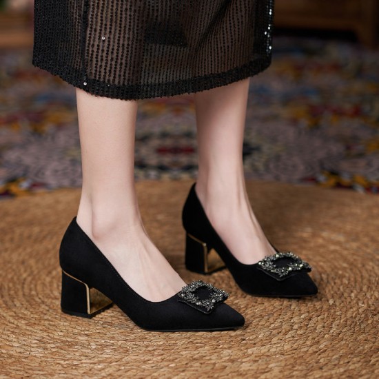 Women Suede Metal Buckle Pump Block Heel Pointed Toe Mid Heels Women Suede Metal Buckle Pump Block Heel Pointed Toe Mid Heels