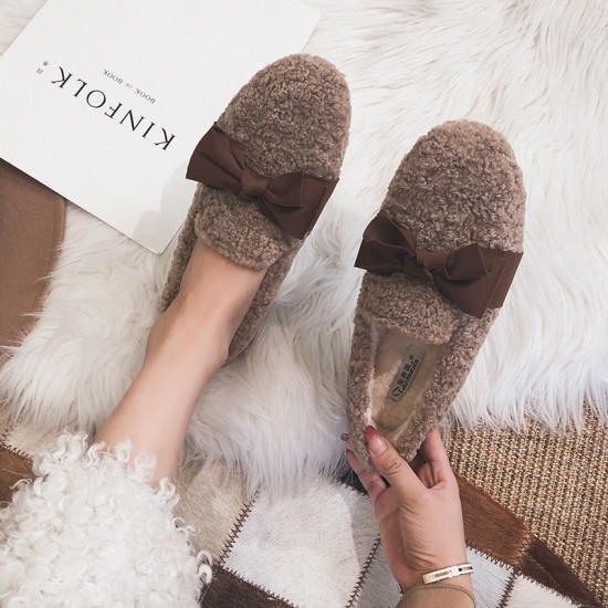 Women Faux-Fur Loafers Bow Winter Warm & Soft Plush Shoes Women Faux-Fur Loafers Bow Winter Warm & Soft Plush Shoes