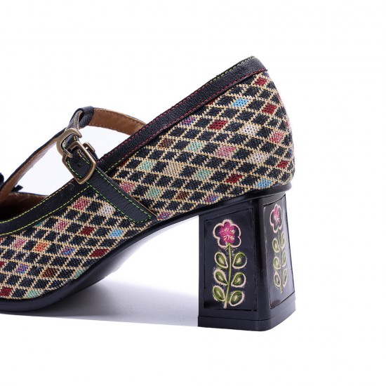 Women's Vintage T-strap Plaid Patchwork Floral Mary Jane High Heels Women's Vintage T-strap Plaid Patchwork Floral Mary Jane High Heels