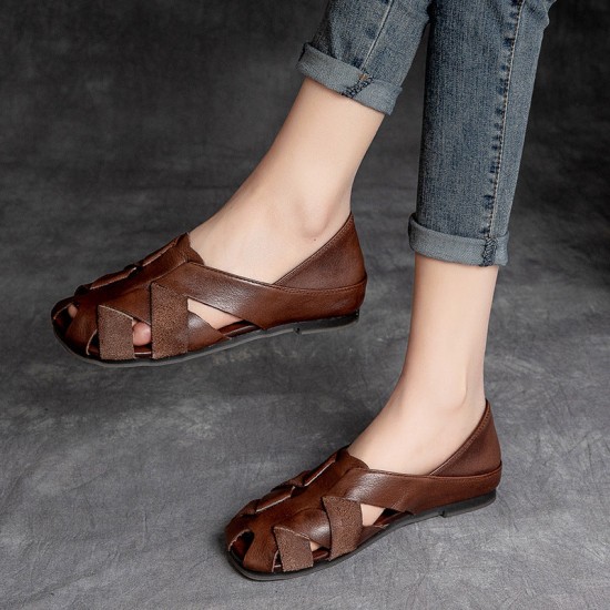 Women's Handmade Leather Retro Weaving Round Toe Summer Flat Sandals Women's Handmade Leather Retro Weaving Round Toe Summer Flat Sandals