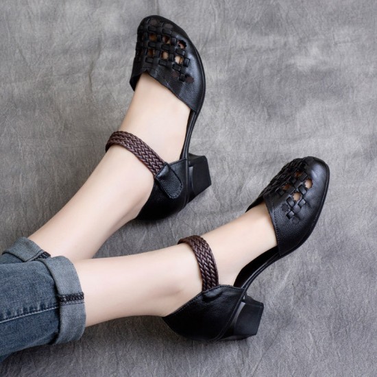 Ethnic style Retro Cowhide Braided Hollow Thick Heel Sandals Ethnic style Retro Cowhide Braided Hollow Thick Heel Sandals