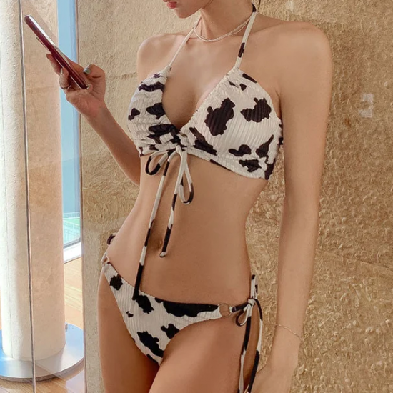 Cow Print Lace Up Bikini Swimwear Cow Print Lace Up Bikini Swimwear