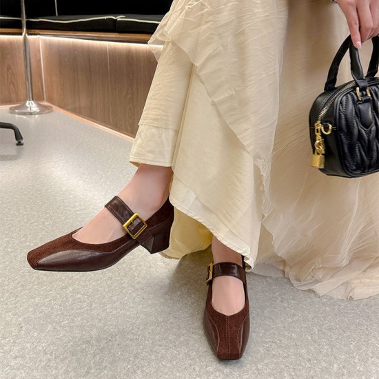 Womens Square Toe Patchwork Chic Mid Heel Wide Strap Buckle Mary Jane Shoes Womens Square Toe Patchwork Chic Mid Heel Wide Strap Buckle Mary Jane Shoes