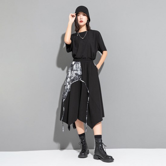 Ink Print Patchwork Irregular Mid-Length A-Line Skirt Ink Print Patchwork Irregular Mid-Length A-Line Skirt