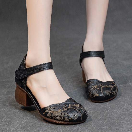 Women's Head Cowhide Chunky Heel Retro Hollow Out Printed Sandals Women's Head Cowhide Chunky Heel Retro Hollow Out Printed Sandals