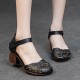 Women's Head Cowhide Chunky Heel Retro Hollow Out Printed Sandals Women's Head Cowhide Chunky Heel Retro Hollow Out Printed Sandals