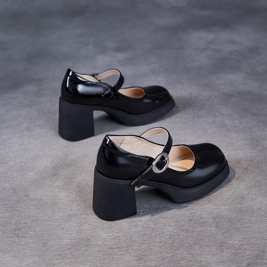 Women's Black Leather Chunky Heel Mary Jane Shoes Women's Black Leather Chunky Heel Mary Jane Shoes