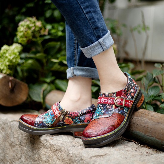 Leather Colorful Flower Patchwork Flat Vintage Boho Brogues Women's Shoes Leather Colorful Flower Patchwork Flat Vintage Boho Brogues Women's Shoes