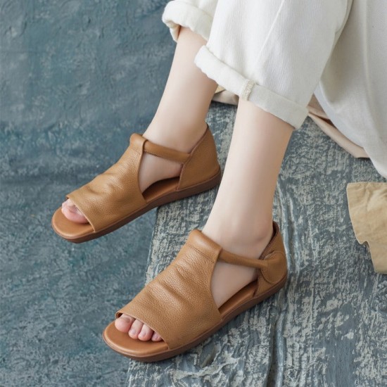 Summer Cowhide Handmade Velcro Open Toe Sandals Flat Shoes Summer Cowhide Handmade Velcro Open Toe Sandals Flat Shoes