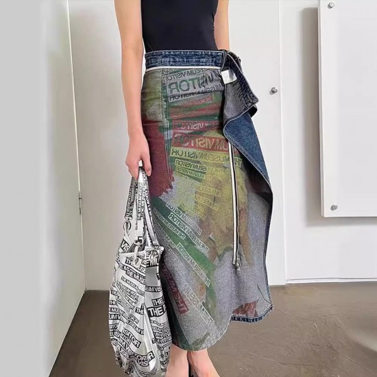 Artistic Reversible Slit Printed Y2K Denim Skirt Artistic Reversible Slit Printed Y2K Denim Skirt