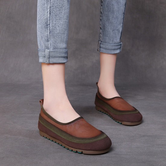 Handmade Colorblocking Cowhide Mori Style Loafers Flat Women's Shoes Handmade Colorblocking Cowhide Mori Style Loafers Flat Women's Shoes