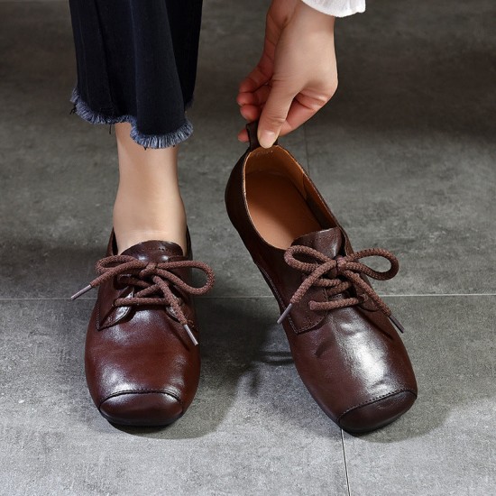 Genuine Leather Square Toe Retro Lace Up Flats Women's Shoes Genuine Leather Square Toe Retro Lace Up Flats Women's Shoes