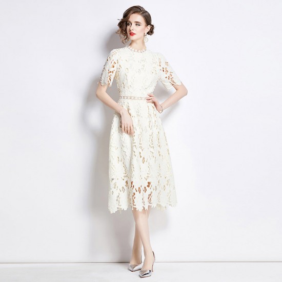 Short Sleeve Round Neck Slimming Mid Length A-line Hollow Lace Dress Short Sleeve Round Neck Slimming Mid Length A-line Hollow Lace Dress