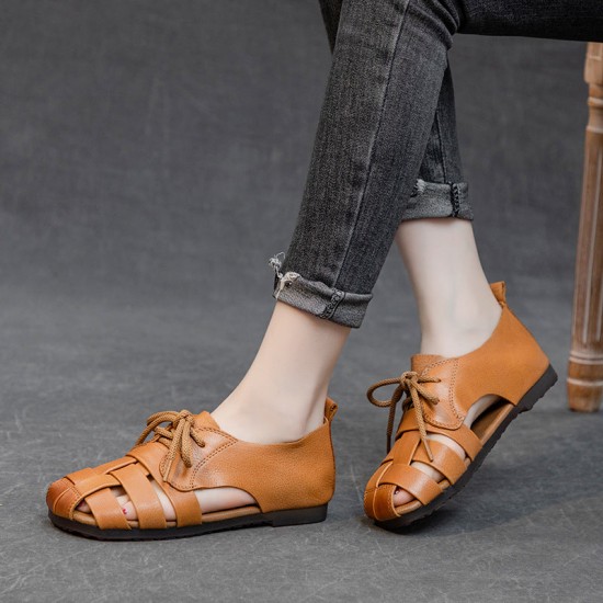 Cow Leather Retro Woven Sandals Lace-Up Soft Sole Women's Shoes Cow Leather Retro Woven Sandals Lace-Up Soft Sole Women's Shoes