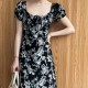 Vintage Floral Square Neck Drawstring Tie Dress Vintage Floral Square Neck Drawstring Tie Dress