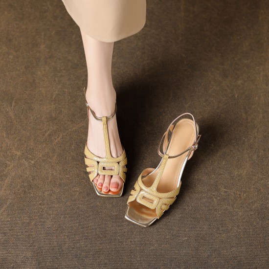 Women's Handmade Mid-heel Open Square Toe Leather Sandals Women's Handmade Mid-heel Open Square Toe Leather Sandals
