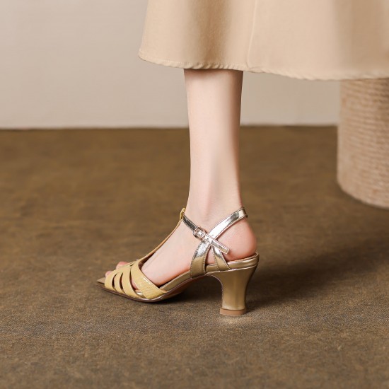 Women's Handmade Mid-heel Open Square Toe Leather Sandals Women's Handmade Mid-heel Open Square Toe Leather Sandals
