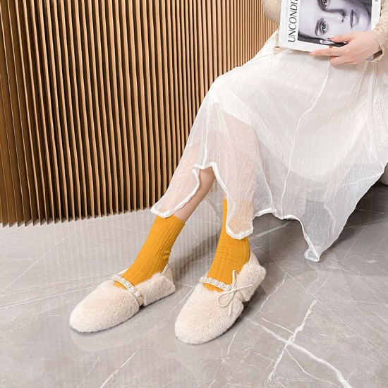 Faux-Fur Loafers Pearl Decoration Mary Jane Bowknot Women's Shoes for Winter Faux-Fur Loafers Pearl Decoration Mary Jane Bowknot Women's Shoes for Winter