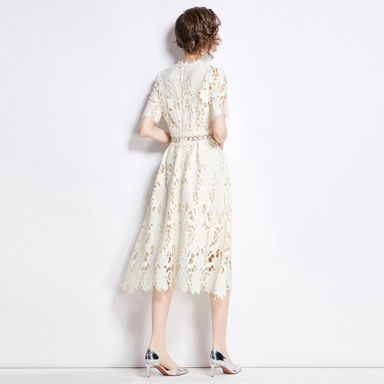 Short Sleeve Round Neck Slimming Mid Length A-line Hollow Lace Dress Short Sleeve Round Neck Slimming Mid Length A-line Hollow Lace Dress