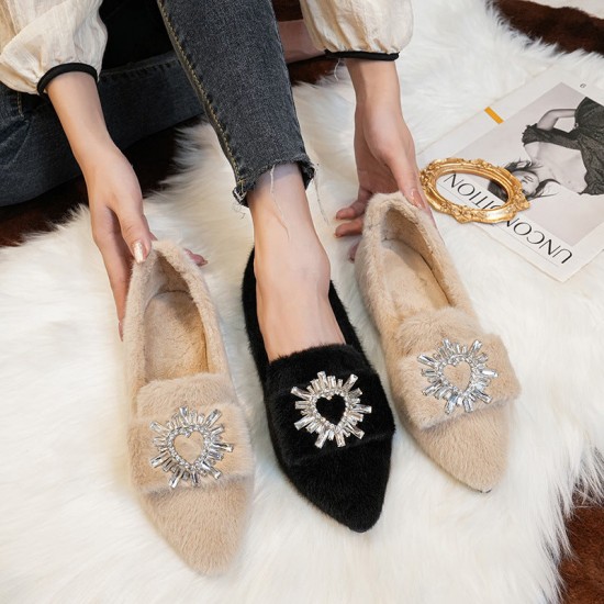 Women Faux-Fur Loafers Warm Winter Fleece Flat Pointed Rhinestones Casual Shoes Women Faux-Fur Loafers Warm Winter Fleece Flat Pointed Rhinestones Casual Shoes