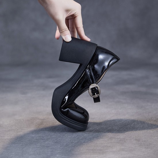 Women's Black Leather Chunky Heel Mary Jane Shoes Women's Black Leather Chunky Heel Mary Jane Shoes