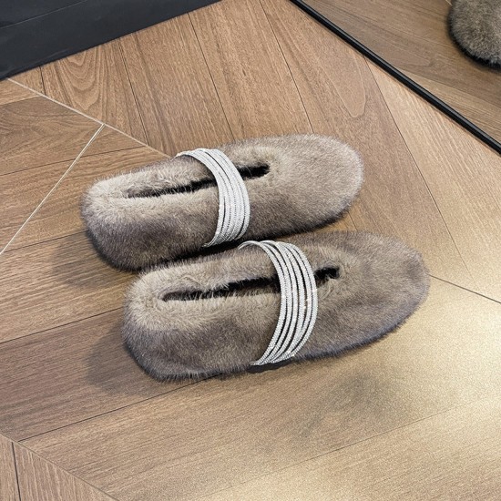 Soft Rabbit Fur Winter Rhinestone Buckle Flat Shoes Soft Rabbit Fur Winter Rhinestone Buckle Flat Shoes